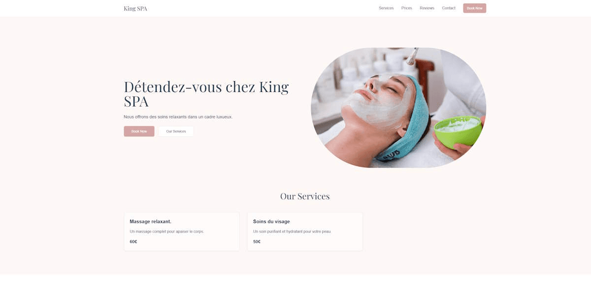 Example of an AI-generated landing page for a fictional French spa business